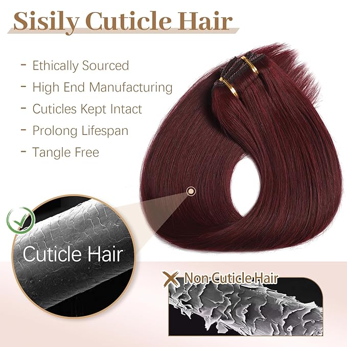Sisily Clip in Hair Extensions Real Human Hair, 22 Inch Premium Human Hair Clip in Extensions Burgundy Red, Soft Straight Hair Extensions Real Human Hair Clip ins 7PCS Double Weft（22 Inch）