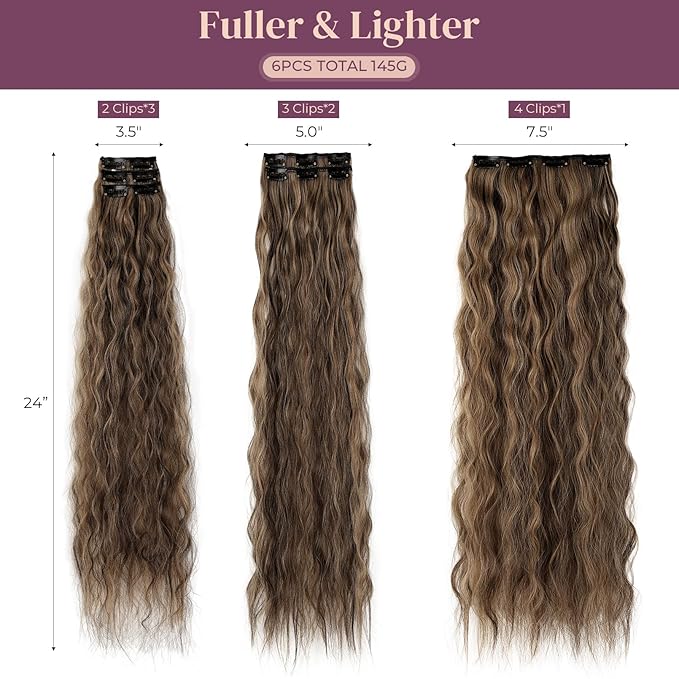 LONAI Clip In Hair Extensions, 6PCS Curly 24" Long Synthetic Clip On Hairpiece For Women