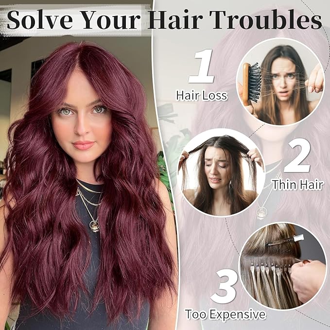 KooKaStyle Invisible Wire Hair Extensions with Transparent Wire Adjustable Size 4 Secure Clips Long Wavy Secret Hairpiece (16 Inch, Burgundy)