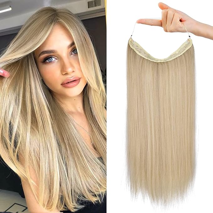 REECHO Invisible Wire Hair Extensions with Transparent Headband Adjustable Size Removable Secure Clips in Straight Secret Hairpiece for Women (20 Inch (Pack of 1), Medium Blonde