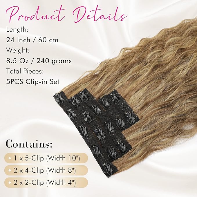 Clip in Hair Extensions, REECHO 5PCS Brown Hair Extensions 24" Thick Long Loose Waves hair extensions HE002 Invisible Lace Weft Natural Soft Hairpieces for Women – Light Brown with Blonde Highlights