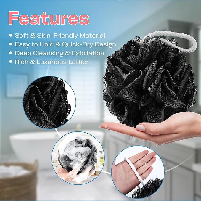 Bath Loofah Sponge Pack of 4-75g Black Color Mesh Shower Pouf for Women & Men, Loofah Exfoliating Body Scrubber & Bath Sponges – Gentle Shower scrunchies for Smooth Skin Care