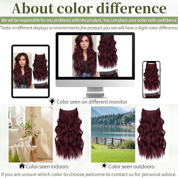 KooKaStyle Invisible Wire Hair Extensions with Transparent Wire Adjustable Size 4 Secure Clips Long Wavy Secret Hairpiece (20 Inch, Burgundy)