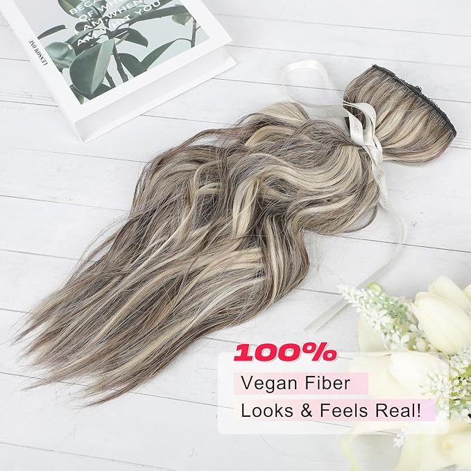 Hair Extensions, 14" Short Clip in Hair Extensions 4PCS Beach Wave Blonde Natural Soft Synthetic Hairpiece for Women - Ash Brown with Highlights
