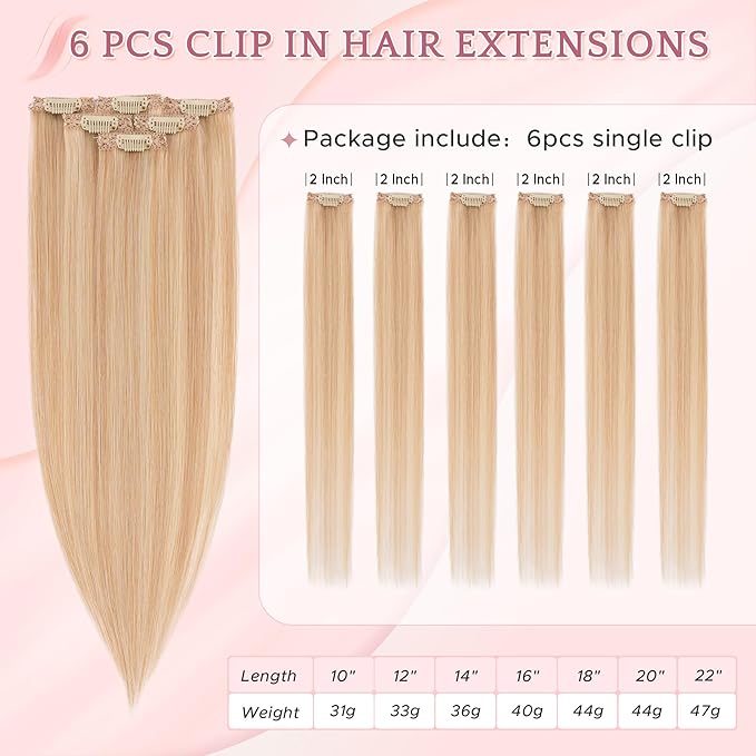 SEGO Clip In Short Hair Extensions Real Human Hair Single 6 Pcs Individual Clip Ins Highlight Remy Balayage Straight Soft Seamless Hairpieces for Women /10 Inch #18P613 Ash Blonde&Bleach Blonde