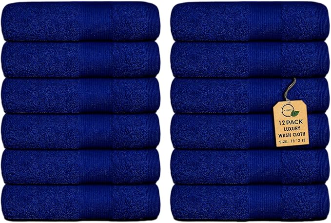Premium Wash Cloths Pack of 12 (13" x 13") 100% Ring Spun Cotton | Luxury Washcloths | Ultra Soft Face Towels | Highly Absorbent Wash Cloths for face (Royal Blue)