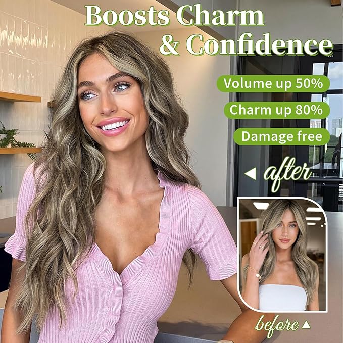 KooKaStyle Invisible Wire Hair Extensions with Transparent Headband Adjustable Size 4 Secure Clips Long Wavy Secret Wire Hairpiece 20 Inch 18H24#Medium Brown Ash Blonde for Women