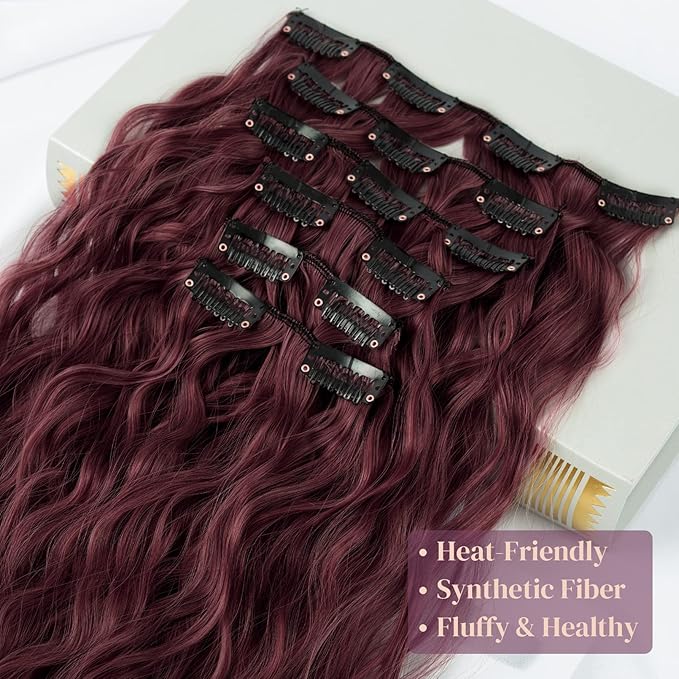 LONAI Clip In Hair Extensions, 6PCS Curly 24" Long Synthetic Clip On Hairpiece For Women-Burgunry