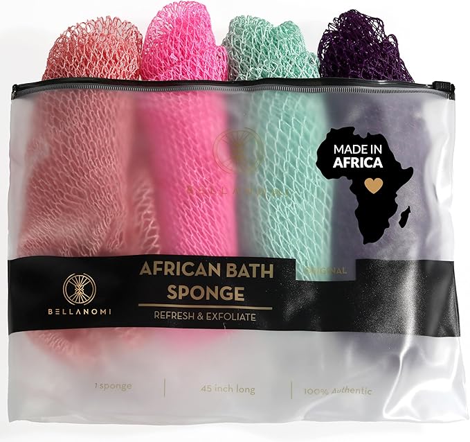 BELLANOMI 4 Piece African Exfoliating Net Sponge Long African Bath Sponge, Authentic Ethically Sourced from Nigeria, Great for Daily Use (Pink, Indigo, Seafoam, Blush)
