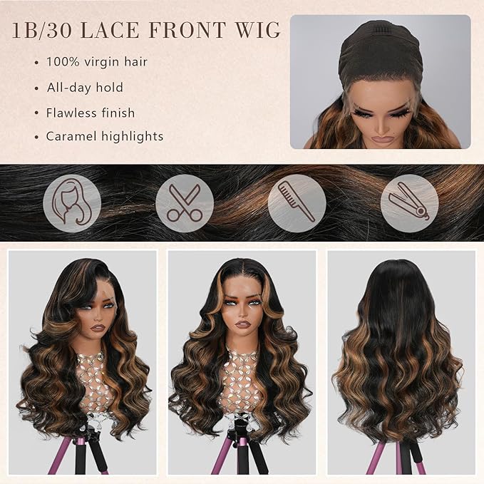 Body Wave Highlight Ombre Lace Front Wig Human Hair 13x4 Full Frontal Lace Wig Skinlike Swiss HD Lace 0.10mm Ultra-thin Invisible 200 Density 100% Real Human Hair Pre-plucked Tiny Knots Balayage Brown