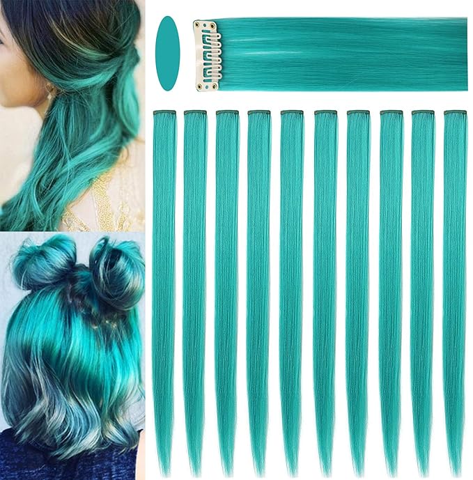 10 PCS 20 inch Teal Hair Extensions Wig Pieces Colorful Party Highlights Hair Extensions Clip in,blue Straight Synthetic Hairpieces for Women Kids Girls Hair Accessories (Teal)