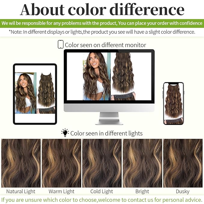 KooKaStyle Invisible Wire Hair Extensions with Transparent Wire Adjustable Size 4 Secure Clips Long Wavy Secret Synthetic Hairpiece for Women(24 Inch P6A/26#Chestnut Brown with Blonde Highlights)