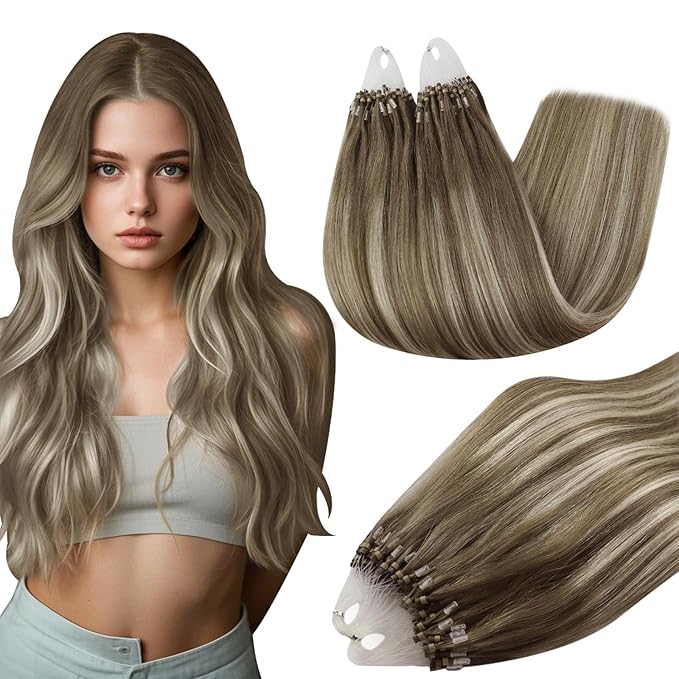 Full Shine Microloop Human Hair Extensions Color 6/60/6 Brown to Blonde and Brown Micro Link Extensions Remy Hair 20 Inch Balayage Hair Extensions 50 Grams