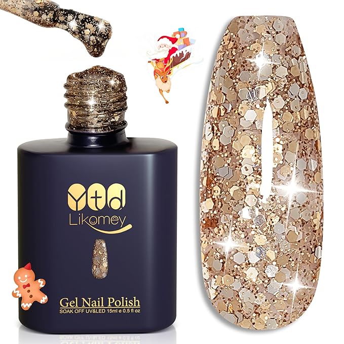 YTD Likomey Glitter Gel Nail Polish,15ml Champagne Gold Glitter Fall Winter Shiny Sparkly Salon Home DIY Manicure UV Color Varnish,SF399