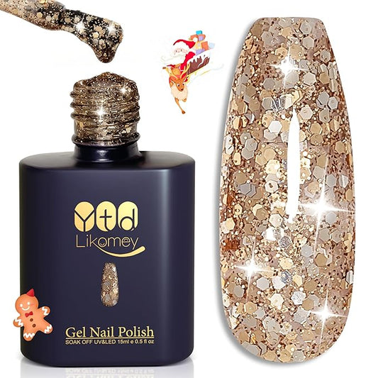 YTD Likomey Glitter Gel Nail Polish,15ml Champagne Gold Glitter Fall Winter Shiny Sparkly Salon Home DIY Manicure UV Color Varnish,SF399