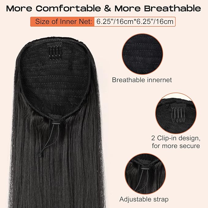 SEIKEA 28" Ponytail Extensions Drawstring Long Straight Fake Pony Tail Natural Soft Clip in Hair Extension Synthetic Heat Resistant Hairpiece - Dark Brown