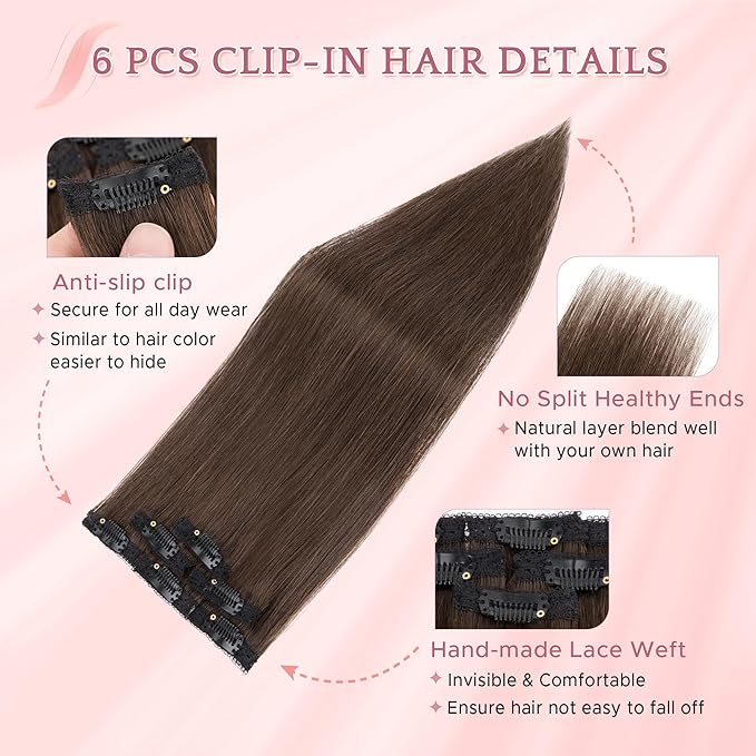 SEGO Clip In Short Hair Extensions Real Human Hair Single 6 Pcs Individual Clip Ins Remy Straight Soft Seamless Hairpieces for Women -12 Inch #02R Dark Brown