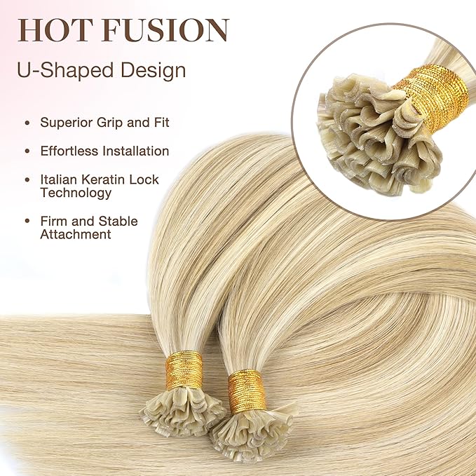 GOO GOO K Tip Hair Extensions Real Human Hair, Invisible Remy Hot Fusion K Tip Hair Extensions, 20inch 50g 50S, 18A/613A Dark Blonde Highlighted Bleach Blonde