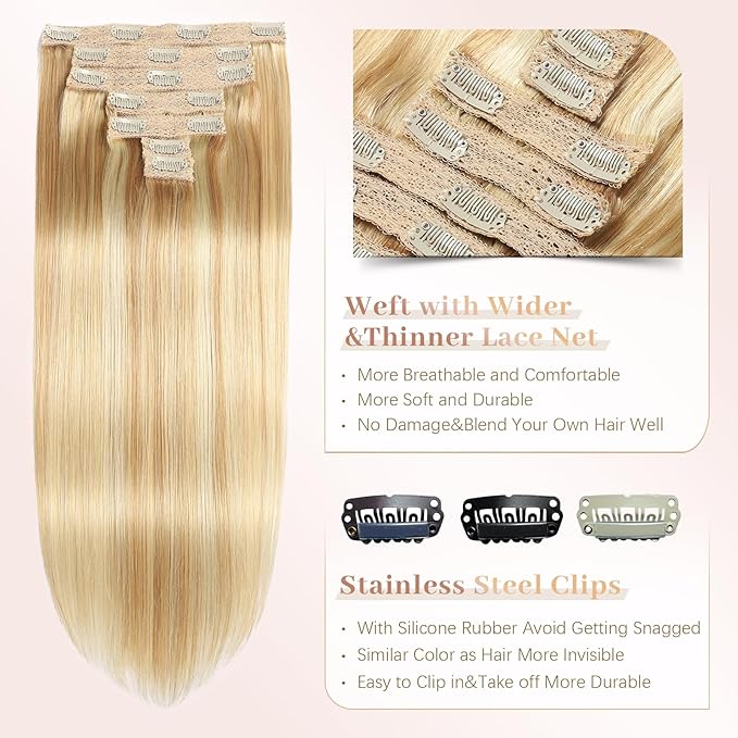 Sisily Clip in Hair Extensions Real Human Hair, 16 inch 120g, Dirty Blonde to Bleach Blonde Highlight, Remy Human Hair Clip in Extensions Soft Straight 7pcs Per Set with 16 Clips Double Weft