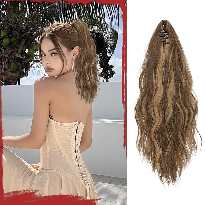 SOFEIYAN Ponytail Extension 16" Curly Wavy Claw Clip Ponytail Hair Extensions Small Claw Clip in Hairpiece Fluffy Clip on Pony Tails Jaw Clips for Women Synthetic Hairpiece, Honey Blonde&Light Brown