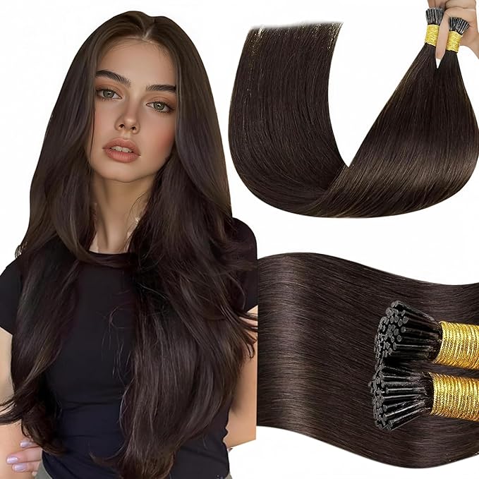 LaaVoo Itip Human Hair Extensions Brown I Tip Hair Extensions Human Hair 80s Dark Brown Short Hair 14 inch 40g