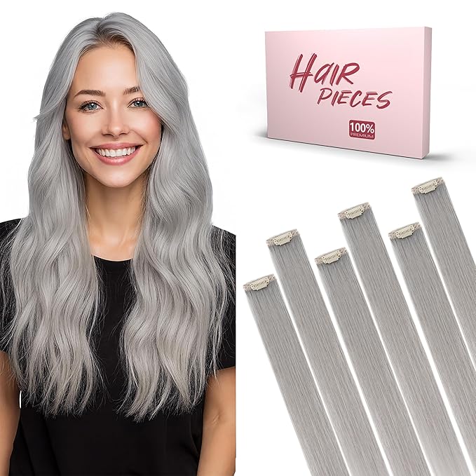 SEGO Single Clip In Hair Extensions Real Human Hair 6 Pcs Silver Grey Individual Clip Ins Remy Straight Soft Seamless Hairpieces for Women -18 Inch #G1 Grey