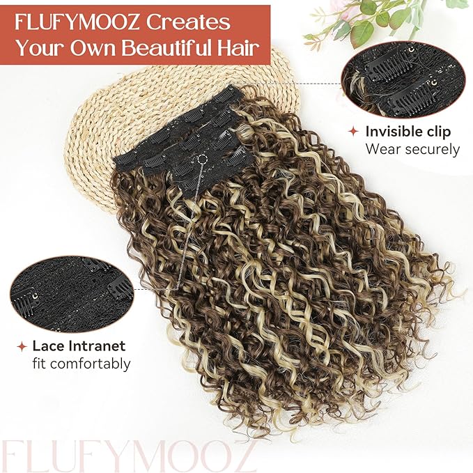 FLUFYMOOZ Clip in Hair Extensions, 18'' 4PC 100％ Pure Protein Silk Curly Hair extension for Women Lace Weft Hairpiece Natural Soft and comfortable for Daily Use-Medium Brown Ash Blonde Highlight