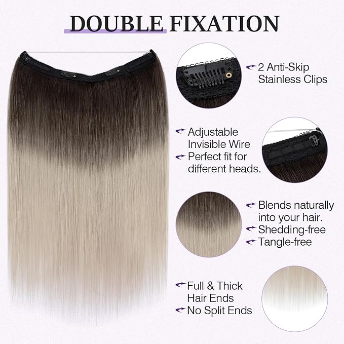 Halo Hair Extensions Real Human Hair,Halo Hair Extension 100% Human Hair, Wire Hair Extensions,Straight Natural Black to Gray Ombre 20inch/70g