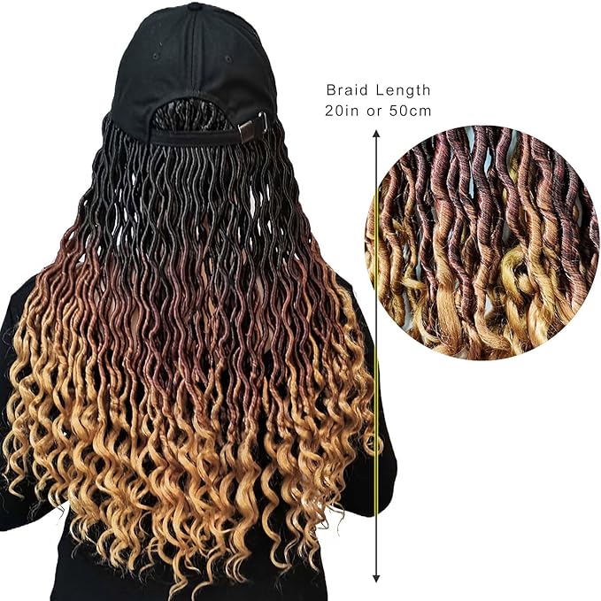 Bling Butterfly Cap w/20 inch Goddess Curls Faux Locs Crochet Hair Extensions, Ombre Brown Wigs with Curly Ends
