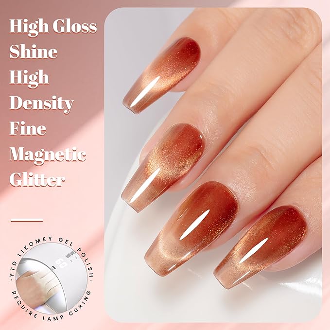 YTD Likomey High Shine Glass Cat Eye Gel Nail Polish,15ml Gold Brown Magnetic Holographic Glitter Translucent Jelly Salon Home Fall Winter UV Color Varnish with Magnet Stick,HEMA Free TPO Free,MY506