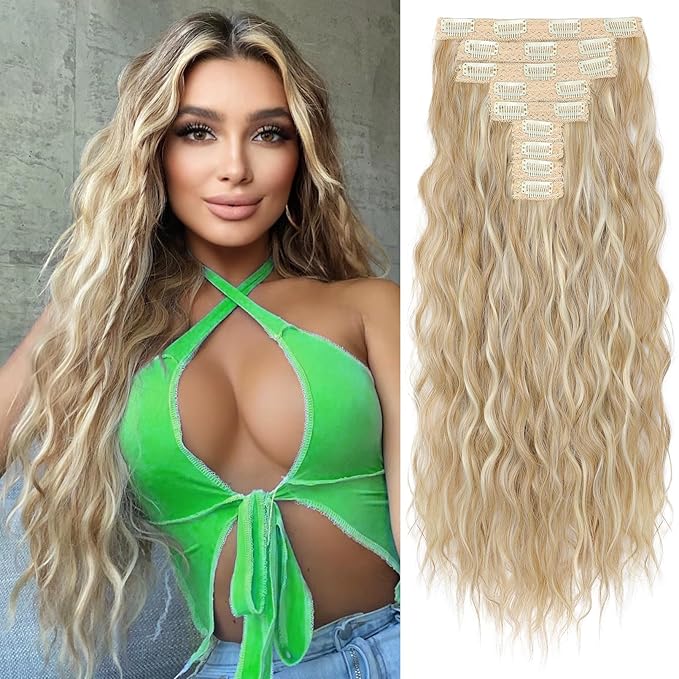 REECHO Hair Extensions, 9PCS Blonde Clip in Hair Extensions 24" Thick Long Mini Mermaid Wave Luxurious Lightweight Japanese Technology HYOUITSU Fiber - HE009 Medium Blonde with Highlights