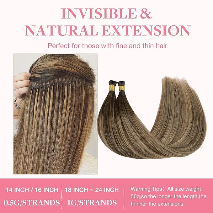 GOO GOO I Tip Hair Extensions Real Human Hair, 22inch 50g 50S, Invisible Remy Cold Fusion I Tip Hair Extensions, 4/27/4 Balayage Chocolate Brown to Caramel Blonde