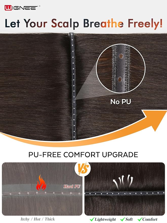 WIGNEE OVO Brown Hair Extensions – 20 Inch, 100% Remy Human Hair, Dual Hand-Tied Double Invisible Weft, Micro Beaded Sew-In, Glueless, Seamless Soft Silky Hair Extensions