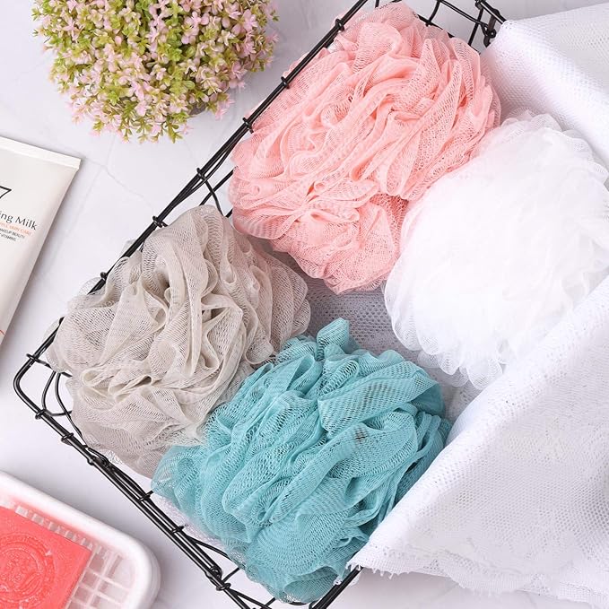 BTYMS 4 Pieces Shower Pouf Loofah Sponge 75g/pc Large Bath Loofahs Shower Scrunchies Bath Sponges for Body