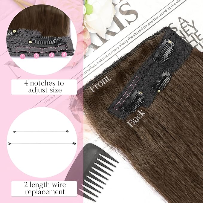 Invisible Wire Hair Extensions with Transparent Wire Adjustable Size 4 Secure Clips Long Wavy Secret Hairpiece 20 Inch for Women(Medium Ash Brown)