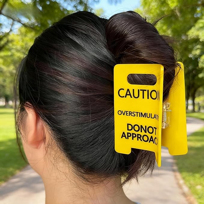 Caution Overstimulated Hair Clip for Women, Funny Yellow Sign Claw Clip for Thick Hair, Strong Large Hair Claws, Novelty Holiday Gift for Coworkers, Friends (3PCS)