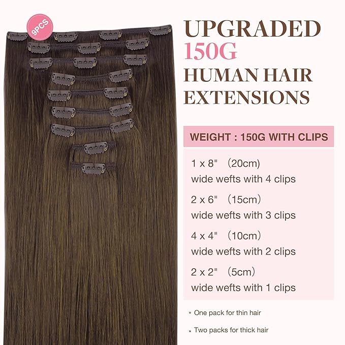 GOO GOO Clip in Hair Extensions Real Human Hair, Remy Human Hair Extensions Clip ins for Women, Natural Human Hair, 24inch 150g 9Pcs, #4A Chocolate Brown