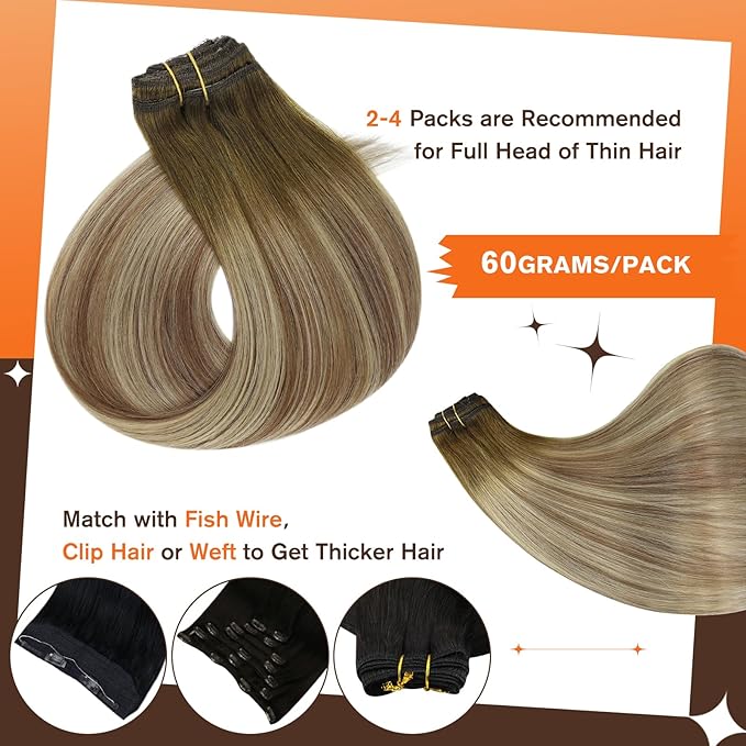 Full Shine Clip in Hair Extensions Balayage Seamless Human Hair Clip in Dark Brown to Ash Brown Mix Medium Blonde Real Hair Extension Lace Weft 16 Inch 3 PCS 60 G