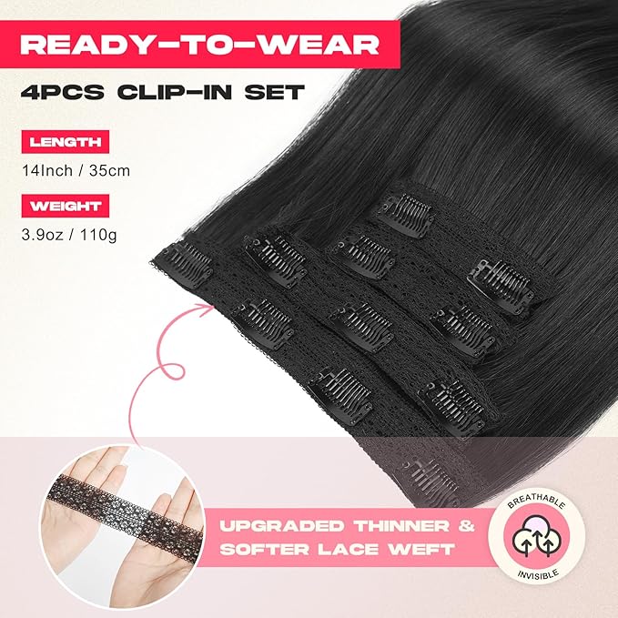 Hair Extensions, 14" Short Clip in Hair Extensions 4PCS Straight Natural Soft Synthetic Hairpiece for Women - Black
