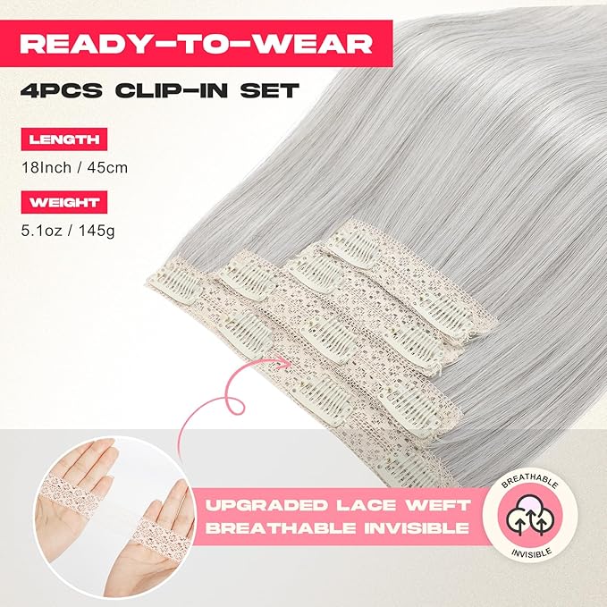 Hair Extensions, 4PCS 18" Clip in Hair Extensions Layered Cut Natural Lightweight Hairpieces with Thinner Softer Invisible Weft for Women - Siver Grey
