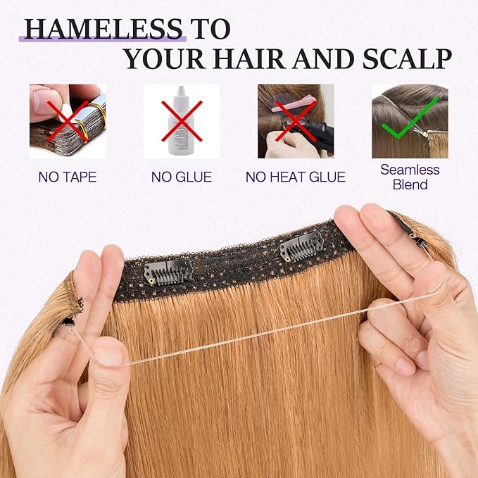 Halo Hair Extensions Real Human Hair,Halo Hair Extension 100% Human Hair,Wire Hair Extensions,Thicker 27 Dark Blonde 12inch/65g