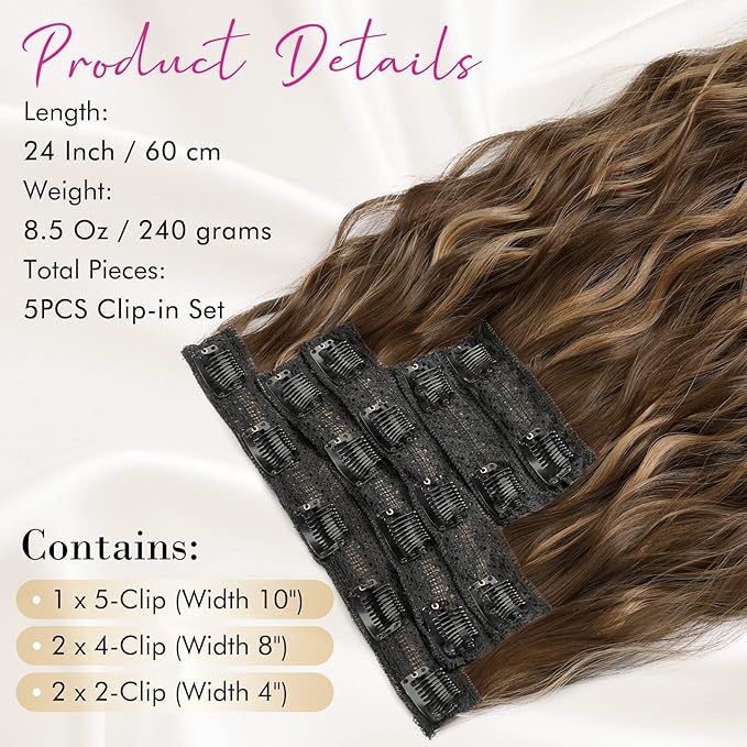 Clip in Hair Extensions, REECHO 5PCS Hair Extensions 24" Thick Long Loose Waves hair extensions HE002 Invisible Lace Weft Natural Soft Hairpieces for Women – Chocolate Brown with Blonde Highlights