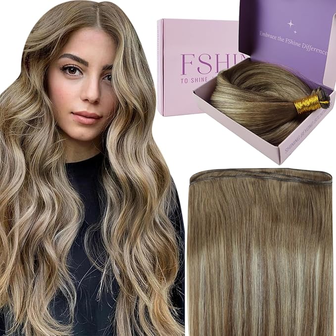 Fshine Genius Weft Hair Extensions Color Chestnut Brown Fading to Platinum Blonde Human Hair Extensions Sew in Remy 60g Long 22 Inch