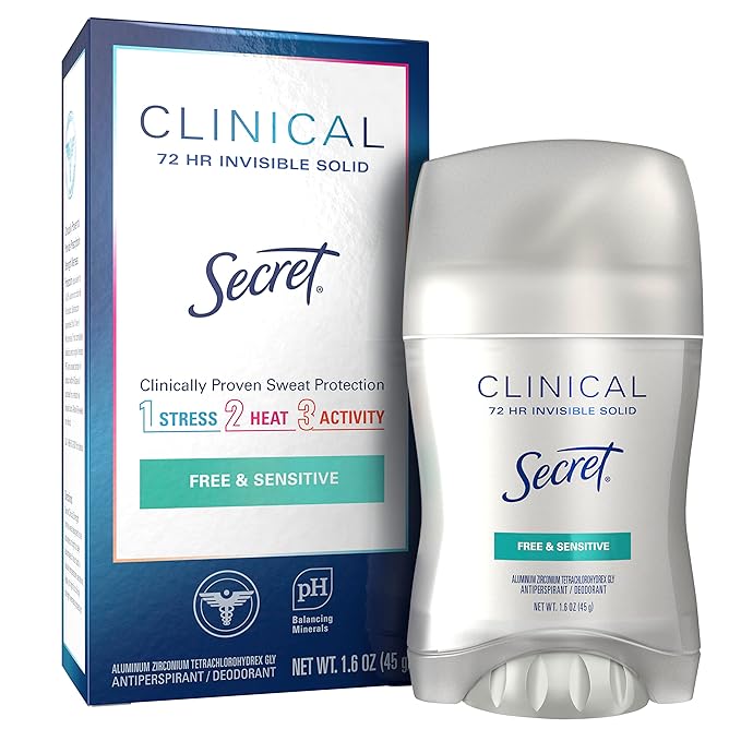 Secret Clinical Strength Antiperspirant Deodorant for Women, Free & Sensitive, 3X Stress Protection, 72hr Sweat & Odor Protection, PH Balancing Minerals, Invisible Solid, Unscented, 1.6 oz