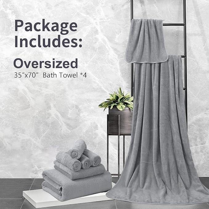 Oversized Bath Towels Set of 4, Extra Large 35x70 Inches Bath Sheets Quick Dry Towel for Bathroom, Ultra Soft Hotel Absorbent Shower Towels Set Light Gray (4Pcs)