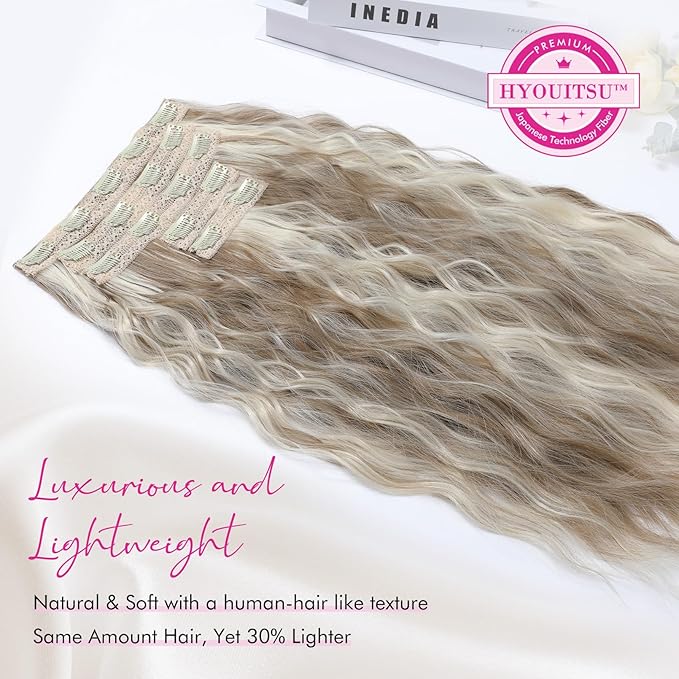 Hair Extensions, REECHO Brown Clip in Hair Extensions 24" Thick Long Loose Waves hair extensions HE002 Invisible Lace Weft Natural Soft Hairpieces for Women – Ash Brown with Platium Highlights