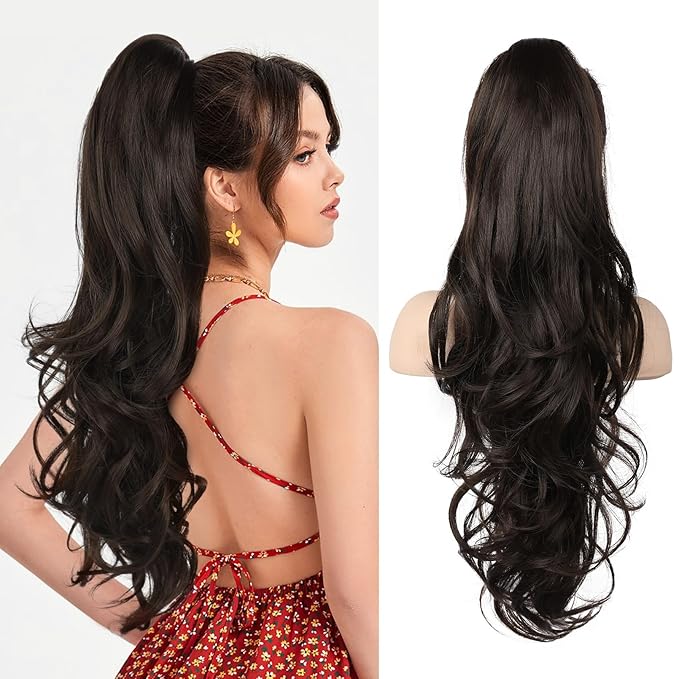 Flufymooz 26" Ponytail Extension, Long Wavy Curly Claw Clip in Ponytail Hair Extensions, Natural Synthetic Hairpiece for Women Daily Wear(Black Brown)