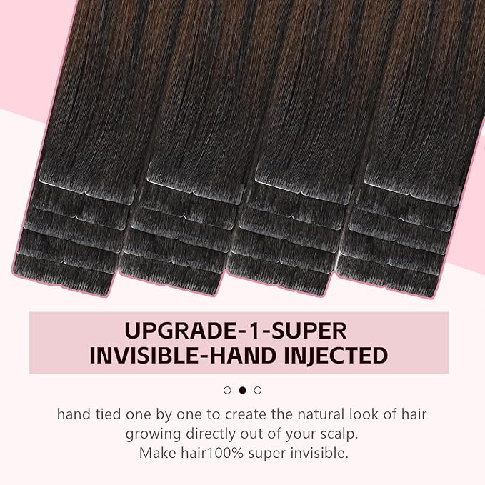 Invisible Tape in Hair Extensions Real Human Hair 3rd-Generation #1b/4/27 Natural Black to Chocolate Brown and Caramel Blonde 20pcs 30g 14inch Injected Tape ins Extensions（#1b/4/27-14inch）