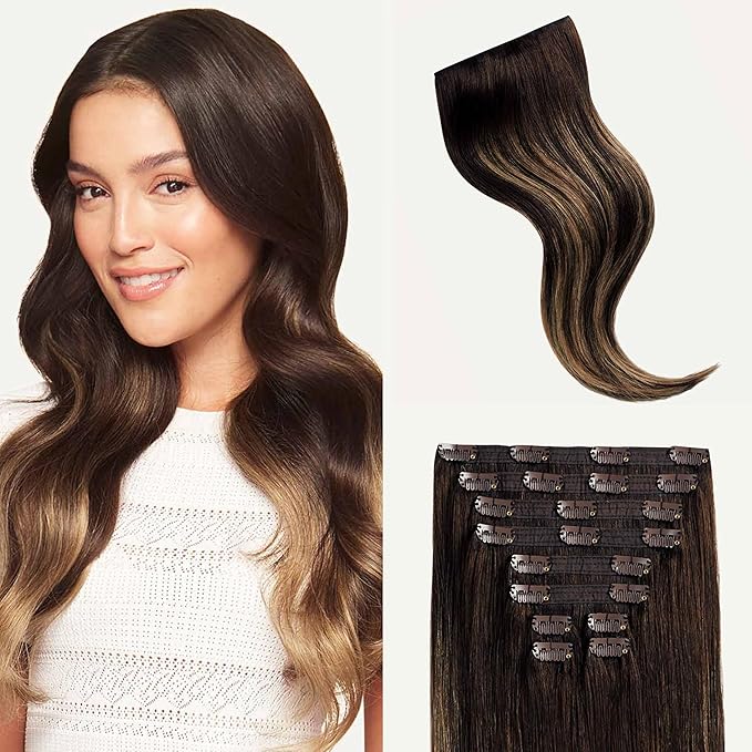 Luxy 100% Remy Human Hair, Classic 160g Clip-In Hair Extensions - 10 Wefts Multi-Dimensional Color for Natural Blending, Adds Volume & Length, Easy Apply & Remove 16" Dark Brown Balayage