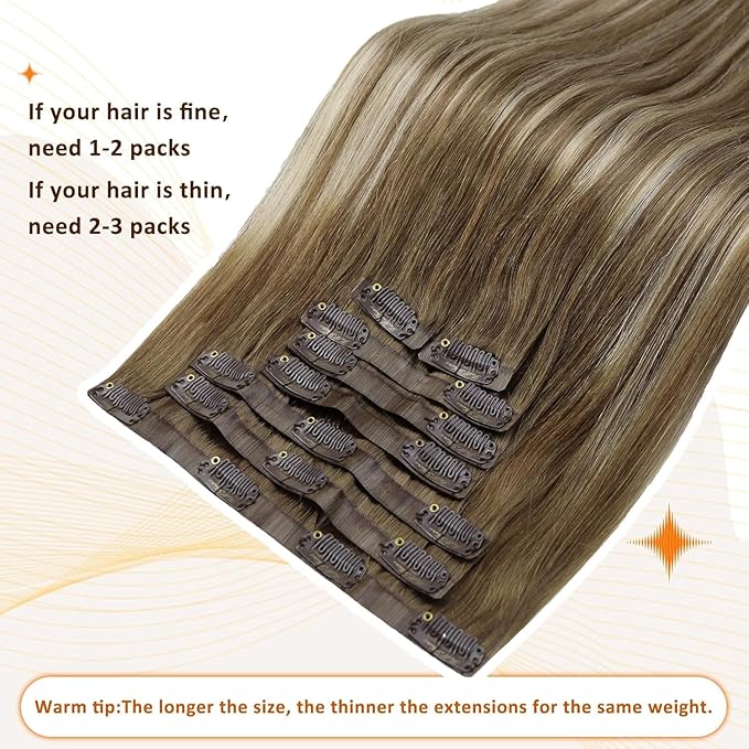 Full Shine Seamless Human Hair Clip in Extensions 22 Inch Light Brown Balayage Blonde Invisible Hair Extensions with PU Weft Seamless Clip ins 8 Pcs 120 G